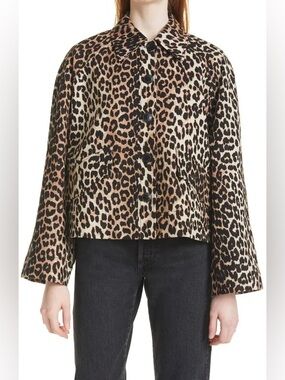 Ganni Leopard Print Linen & Cotton Button-Up Jacket - Brown & Black - size M
